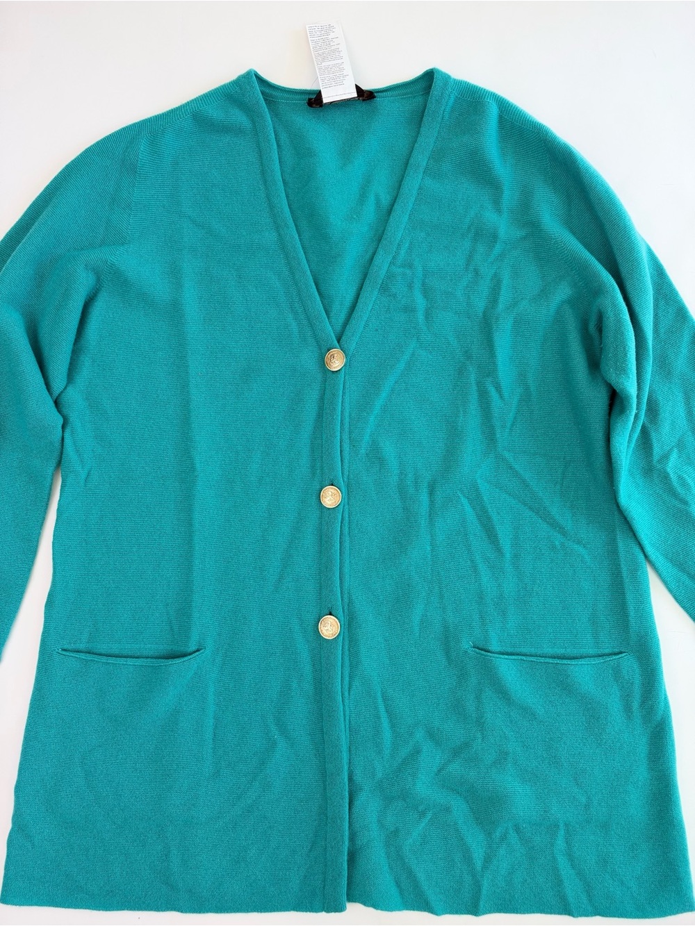 100% Cashmere Made in Italy Long Cardigan Teal Gold Buttons Size L